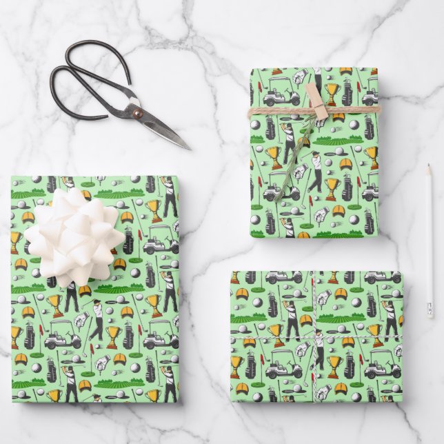 Men's Golfing Golf Sports Symbols Green Wrapping Paper Sheet (Front)