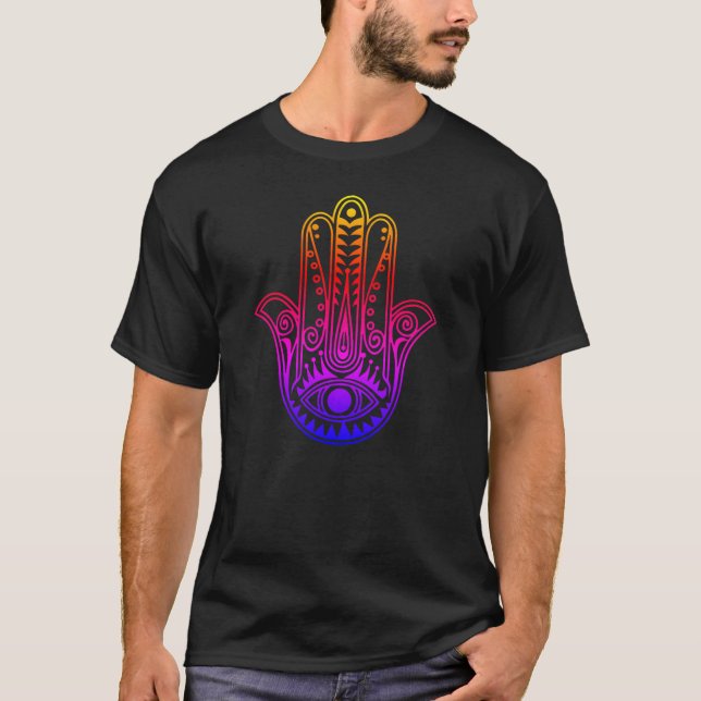 Mens gradient neon Hamsa and evil eye T-Shirt (Front)