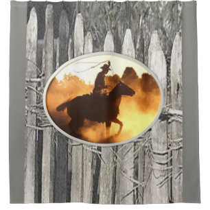Mens grey cowboy fenced  showercurtain
