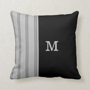 Mens Grey Pinstripe on Black and Monogram Option Throw Pillow