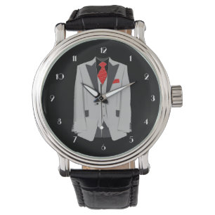 Men's Grey Suit and Red Tie Wrist Watch