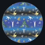 Men's Gymnastics Christmas Tree Snowflake Classic Round Sticker<br><div class="desc">Men's gymnastics Christmas art has an elegant Xmas tree,  snowflakes,  holly leaves,  and male gymnast silhouettes for rings,  floor,  and high bar to celebrate the holiday season. > Gymnastics pattern for male gymnast all-around event competitor,  men's gymnastics coach or trainer.  > Personalize it! Add custom name,  photo,  or text.</div>