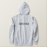 Men's Hoodie  Groom<br><div class="desc">For the Groom,  shown is a heather grey colour hoodie to relax in. 
Grey colour embroidered text on the front and back.</div>