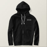 Men's Hoodie  Groom<br><div class="desc">For the Groom shown is a Black hoodie to relax in. White embroidered text on the front and back.</div>