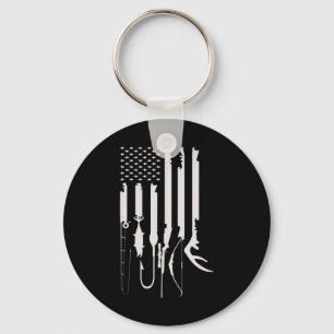 Mens Hunting Fishing USA Flag American Themed Deco Keychain