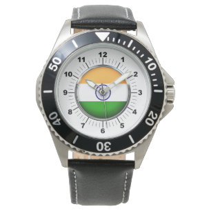 Men's India Flag Black Leather Strap Watch