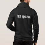 Mens Just Married Hoodie<br><div class="desc">This soft zip hoodie by Bella is for the groom to relax in, shown in Black with a Just Married text on the back.
Customize this item or buy as is.</div>