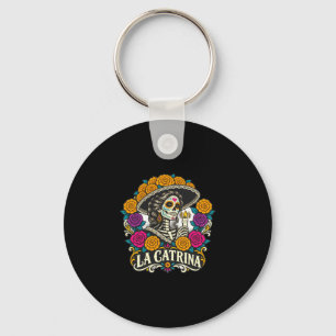 Men's la catrina dia de los muertos skull woman keychain