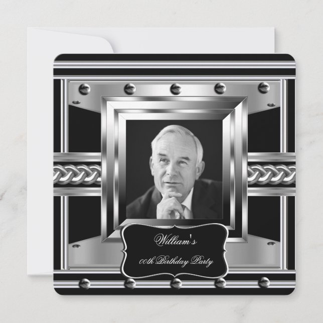 Men's Metal Studs Black Silver Birthday Photo 2 Invitation (Front)