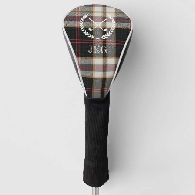 Mens Monogram Clubs Wreath Black Grey Plaid Golf Head Cover (Front)