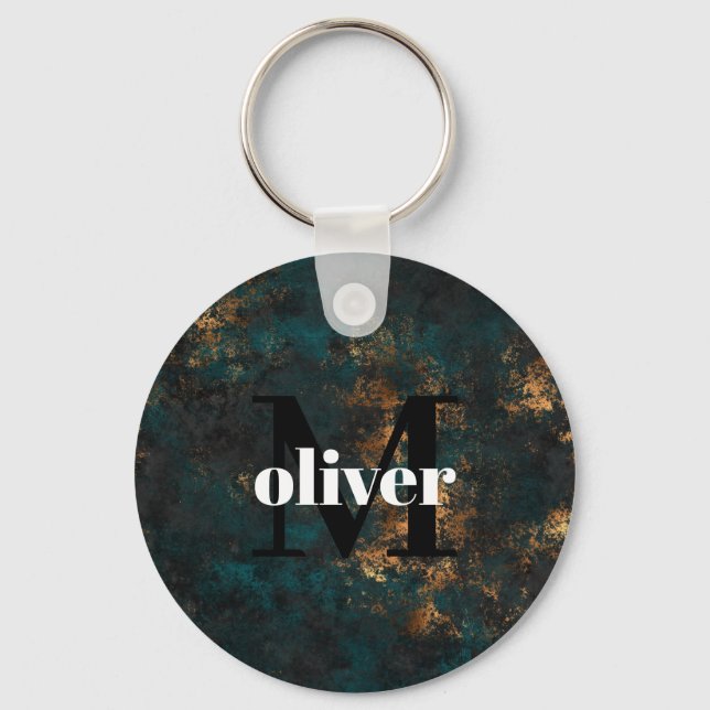 Men's Monogram Gold And Navy Teal  Keychain (Front)