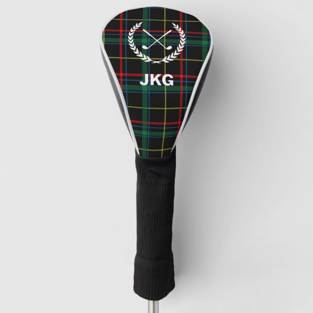 Mens Monogram Golf Clubs Laurel Wreath Green Plaid Golf Head Cover (Front)