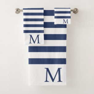 Men's Monogram Initial Blue and White Stripes Bath Towel Set