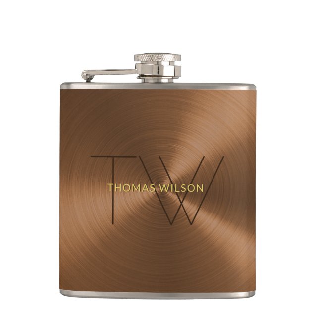 Men's Monogram Modern Minimalist Bronze Gold Metal Hip Flask (Front)