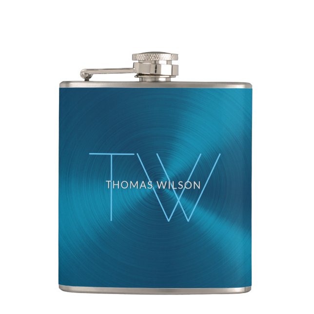 Men's Monogram Modern Minimalist Metallic Blue Hip Flask (Front)