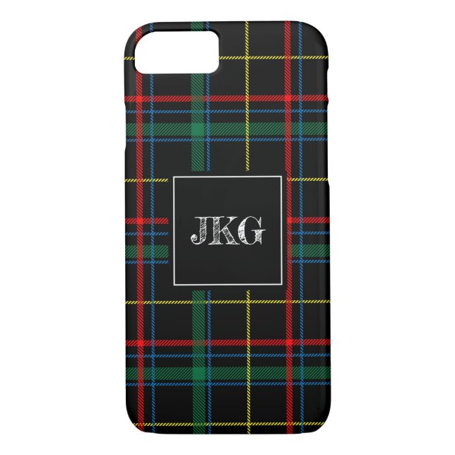 Men's Monogrammed Modern Black Green Plaid Check Case-Mate iPhone Case (Back)