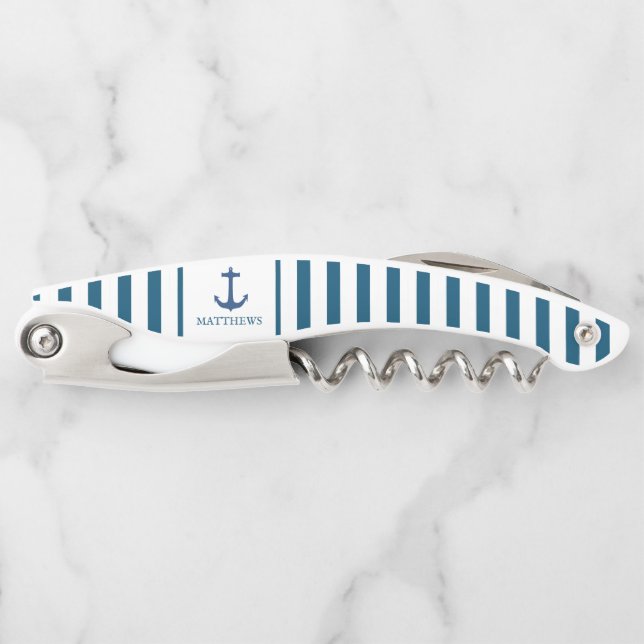 Men's Navy Blue Anchor Custom Monogram Waiter's Corkscrew (Front)