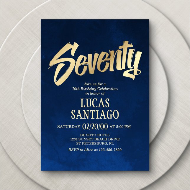 Men's Navy Gold 70th Birthday Invitation (Creator Uploaded)