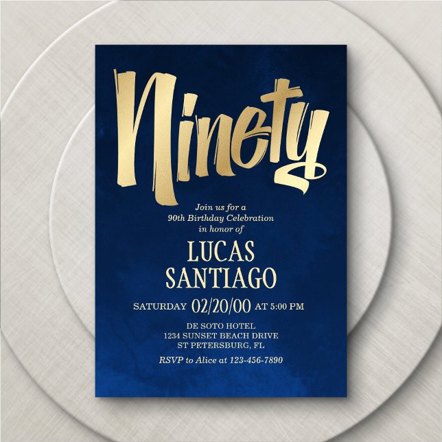 Men's Navy Gold 90th Birthday Invitation (Creator Uploaded)