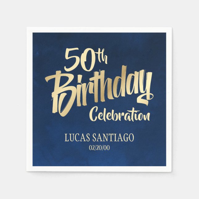 Men's Navy Gold Birthday Napkin (Front)