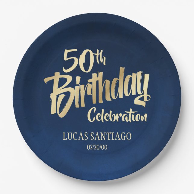 Men's Navy Gold Birthday Paper Plate (Front)