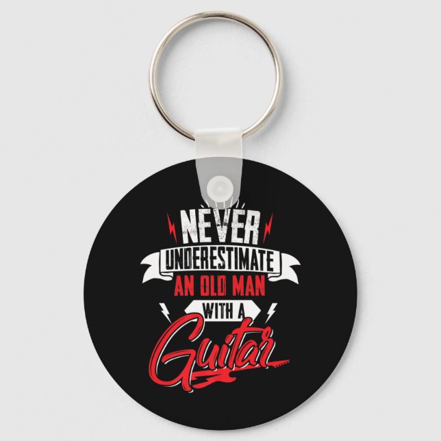 Mens Never Underestimate an Old man with a Guitar  Keychain (Front)