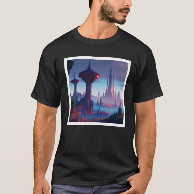 Mens noir T-shirt med. design futuriste ville (Devant)