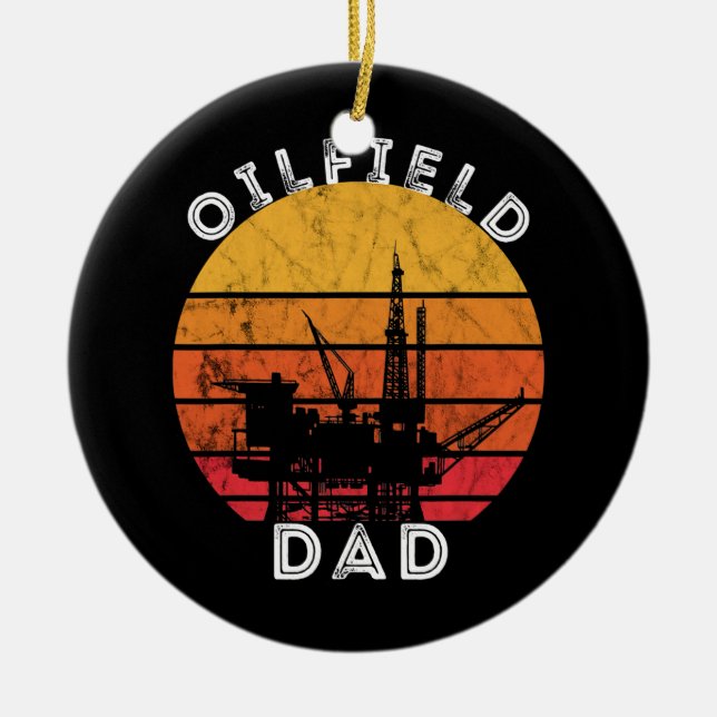 Mens Oil Rig Retro Sunset Oilfield Dad Worker Ceramic Ornament (Front)