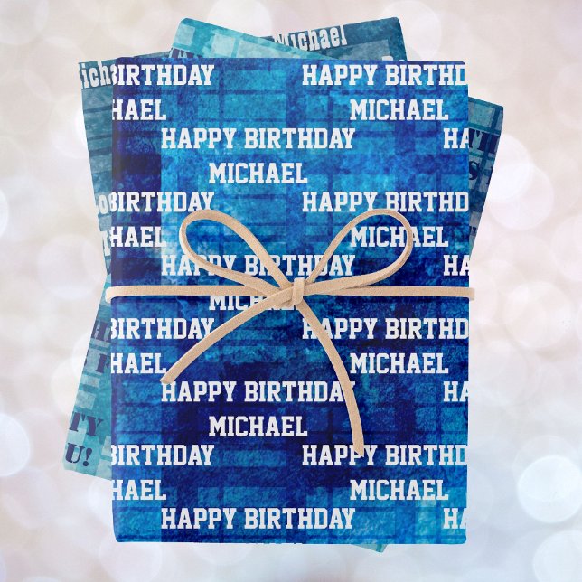 Men's Personalize Birthday Sayings 3 Blue Wrapping Paper Sheet (Creator Uploaded)