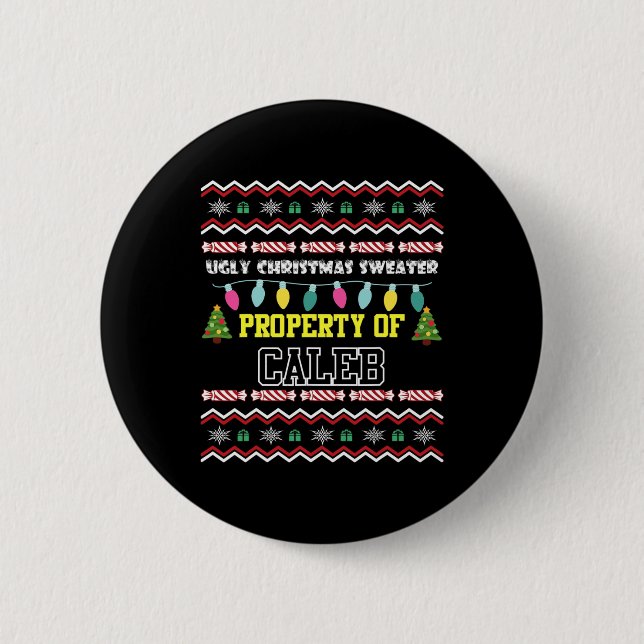 Mens Personalized First Name Caleb Ugly Christmas  2 Inch Round Button (Front)