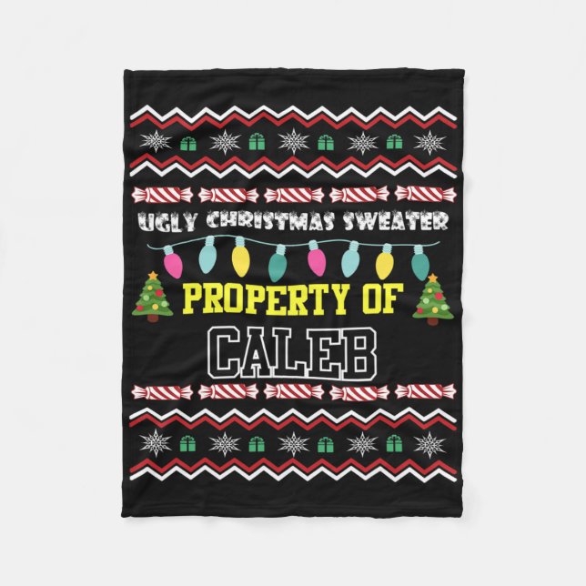 Mens Personalized First Name Caleb Ugly Christmas  Fleece Blanket (Front)