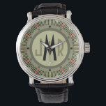 Mens Personalized Monogram Watch<br><div class="desc">Elegant and classy, clean and simple customized monogrammed watches for the special man on your gift list. Classic but modern style red and black hash marks on military olive camo green and khaki face. Bold monogram initials in art deco Gatsby style for the sophisticated gentlemen -- click Customize It to...</div>