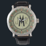 Mens Personalized Monogram Watch<br><div class="desc">Elegant and classy, clean and simple customized monogrammed watches for the special man on your gift list. Classic but modern style red and black hash marks on military olive camo green and khaki face. Bold monogram initials in art deco Gatsby style for the sophisticated gentlemen -- click Customize It to...</div>