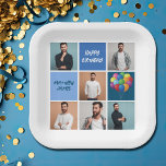 Mens Photo Collage Custom Blue Birthday Party Paper Plate<br><div class="desc">Cool custom birthday party paper plates with a 6 photo template collage of a man and his name on the blue squares next to fun balloons. Cute personalized Happy Birthday decor for a boy or teen.</div>