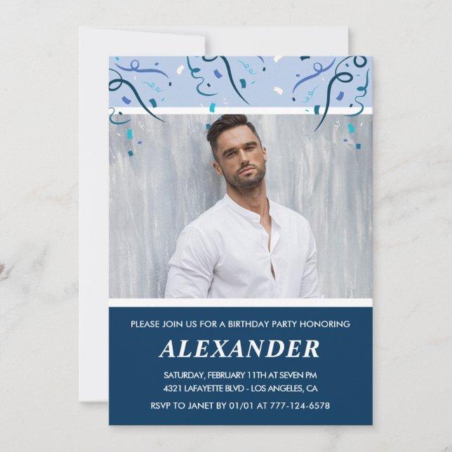 Mens Photo Navy Blue 61st birthday invitations  (Front)