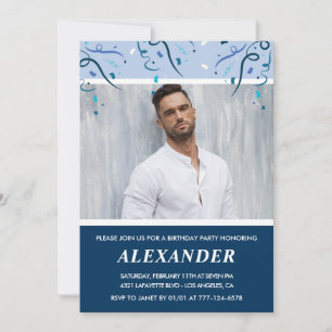 Mens Photo Navy Blue 61st birthday invitations