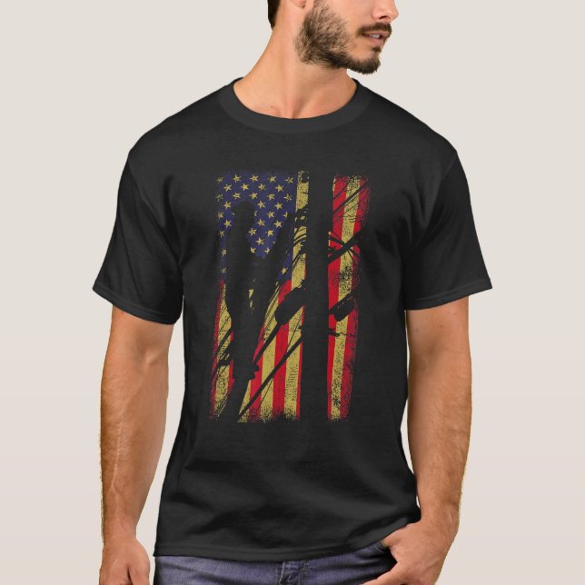 Mens Proud Lineman American Flag Electric Cable Li T-Shirt (Front)