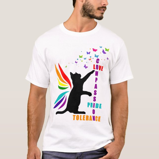 Mens Rainbow Pride Cat and Butterfly T-Shirt (Front)