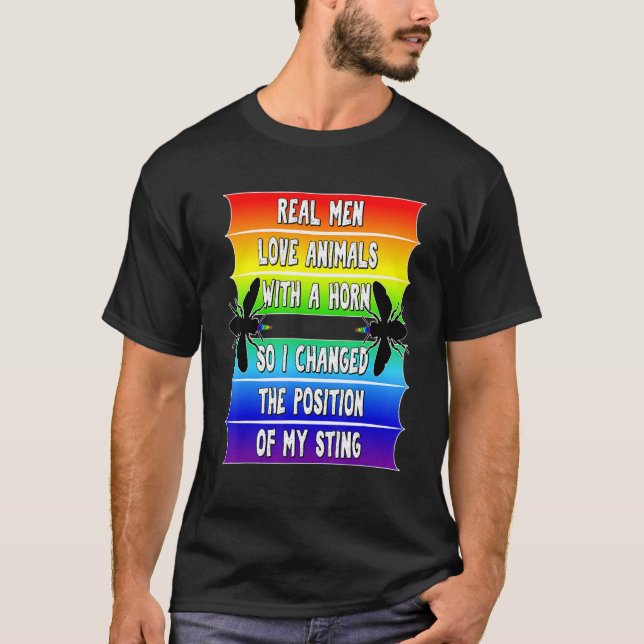 Mens Real Men Pride LGBTQ Bees Funny Gay Rainbow B T-Shirt (Front)