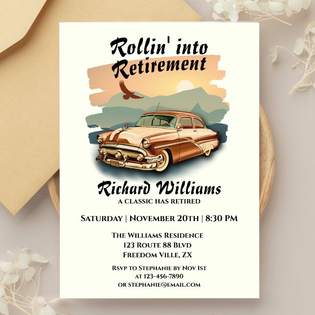 Men's retirement retro classic car desert sunset  invitation (Creator Uploaded)