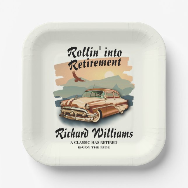 Men's retirement retro classic car desert sunset  paper plate (Front)