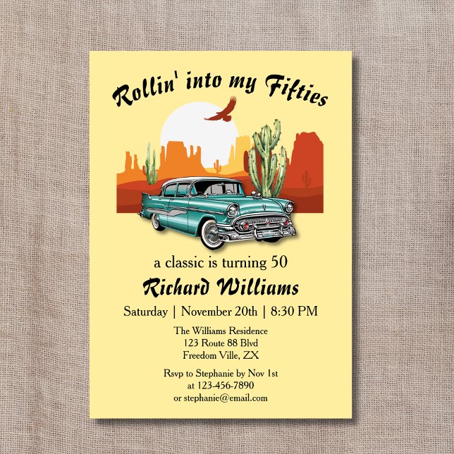 Men's Retro Classic Blue Car Desert 50th Birthday Invitation (Creator Uploaded)