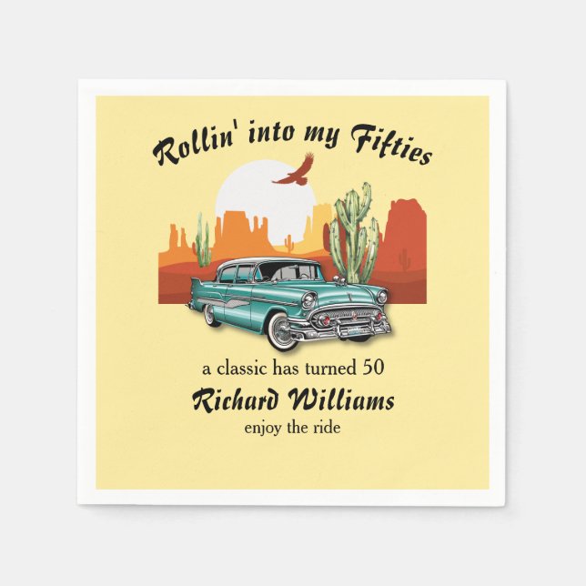 Men's Retro Classic Blue Car Desert 50th Birthday Napkin (Front)