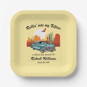 Men's Retro Classic Blue Car Desert 50th Birthday Paper Plate