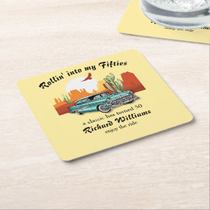 Men's Retro Classic Blue Car Desert 50th Birthday Square Paper Coaster