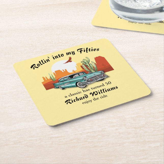 Men's Retro Classic Blue Car Desert 50th Birthday Square Paper Coaster (Angled)