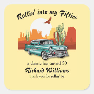 Men's Retro Classic Blue Car Desert 50th Birthday Square Sticker