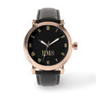 Mens Rose Gold Vintage Initial Black Leather Strap