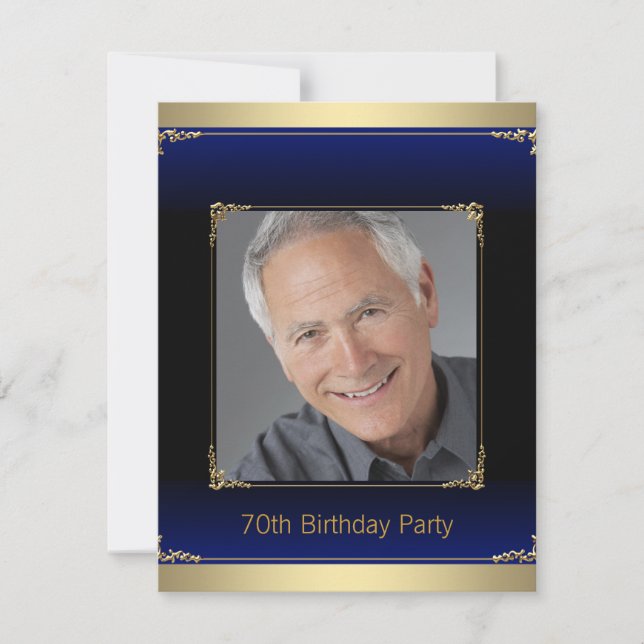 Mens Royal Blue and Gold Birthday Party Invitation (Front)