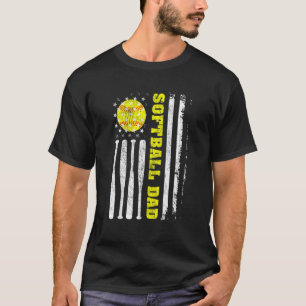 Mens Softball Dad Vintage Usa American Flag Father T-Shirt